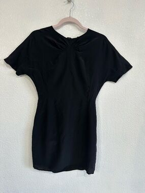 TOPSHOP BOUTIQUE Black Mini Dress Silk Round Neck Sz 6 Short Sleeve Back Zip